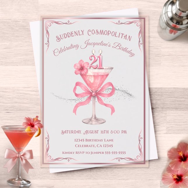 Chic Suddenly Cosmopolitan 21st Birthday Acrylic Invitations (Celebrate a milestone 21st birthday in ultra-chic style with this 'Suddenly Cosmopolitan' Invite)