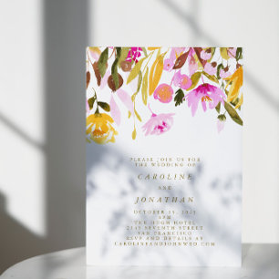Chic Summer Pink Floral Watercolor Simple Wedding Invitation