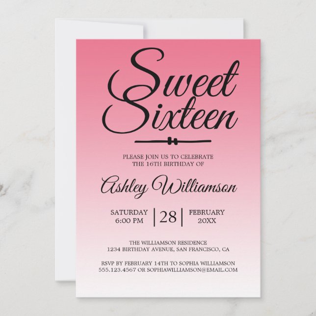 Chic Summer Pink Ombre Sweet 16 16th Birthday Invitation (Front)