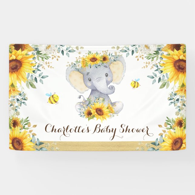 Chic Summer Sunflower Elephant & Bees Baby Shower Banner (Horizontal)