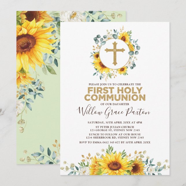 Chic Summer Sunflowers First Holy Communion Invitation (Front/Back)