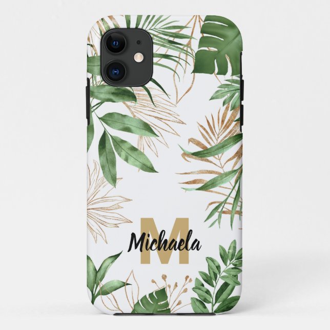 Chic Summer Tropical Greenery & Gold Monogram Case-Mate iPhone Case (Back)