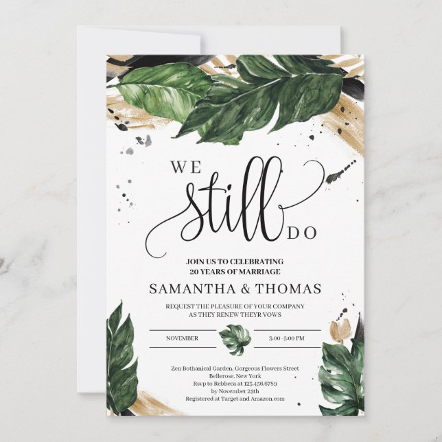 Chic summer tropical leaves black gold we still do invitation (Front)
