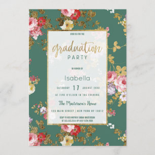Chic summery green pink gold floral Graduation Invitation