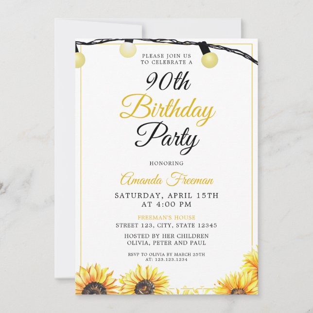 Chic Sunflower 90th Birthday Invitation (Front)