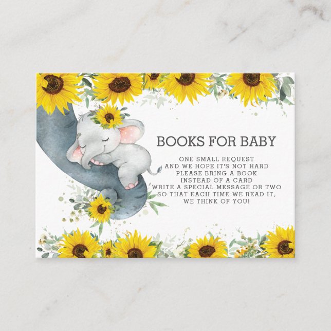 Chic Sunflower Baby Elephant Bring a Book Instead Enclosure Card (Front)