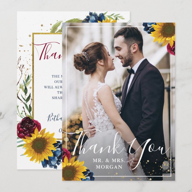 Chic Sunflower Burgundy Navy Blue Floral Photo Thank You Card (Front/Back)