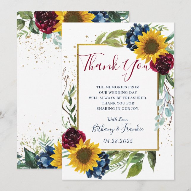Chic Sunflower Burgundy Navy Blue Floral Thank You Card (Front/Back)
