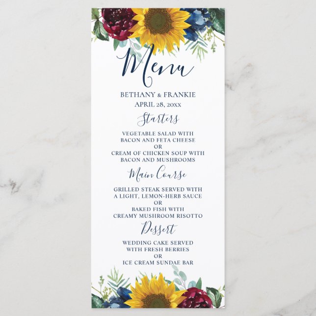 Chic Sunflower Burgundy Navy Blue Floral Wedding Menu (Front)