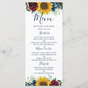 Chic Sunflower Burgundy Navy Blue Floral Wedding Menu