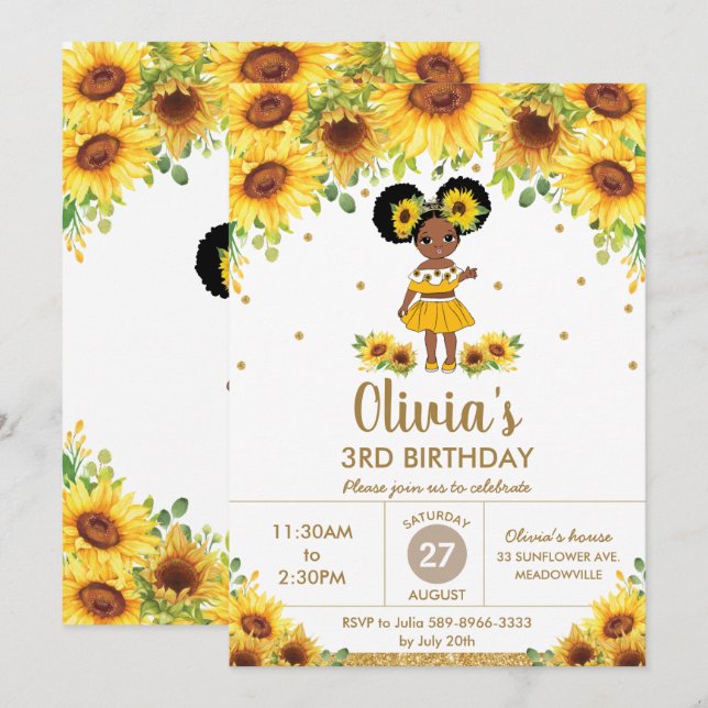 Chic Sunflower Cute African American Girl Birthday Invitation (Front/Back)