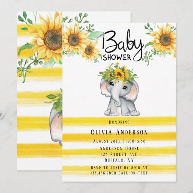 Chic Sunflower Elephant Girl Baby Shower Invitatio Invitation (Front/Back)