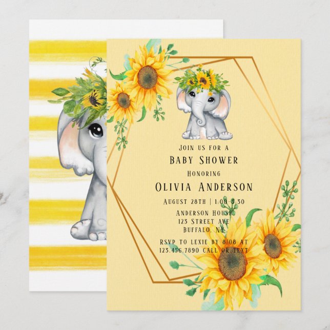 Chic Sunflower Elephant Girl Baby Shower Invitation (Front/Back)