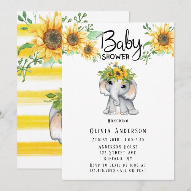 Chic Sunflower Elephant Girl Baby Shower Invitation (Front/Back)