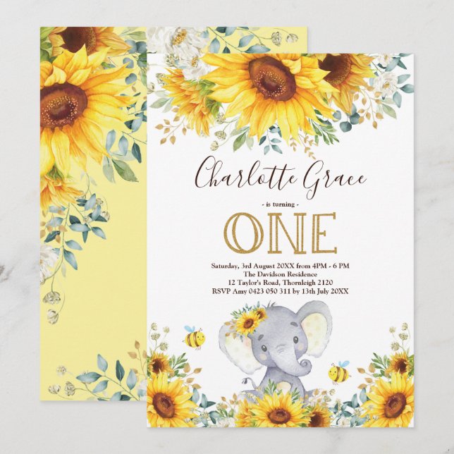 Chic Sunflower Elephant Greenery Gold 1st Birthday Invitation (Front/Back)