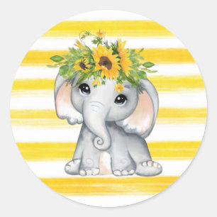 Chic SunFlower Elephant Stripes Baby Shower Classic Round Sticker