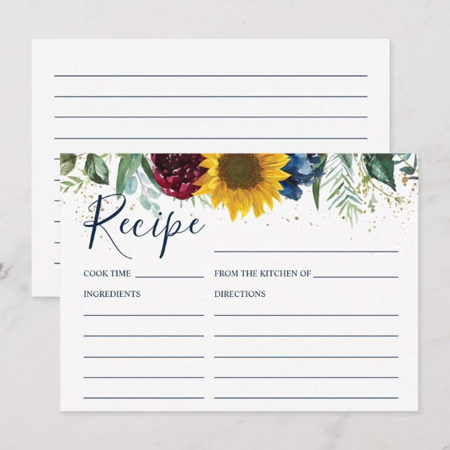 Chic Sunflower Floral Bridal Shower Recipe Card (Front/Back)