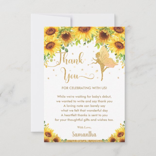 Chic Sunflower Floral Fairy Baby Shower Birthday Thank You Card (Front)