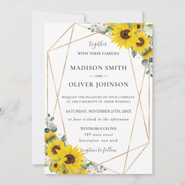 Chic Sunflower Floral Gold Geometric Wedding Invitation (Front)
