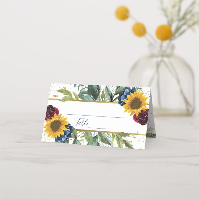 Chic Sunflower Floral Gold Glitter Bridal Shower Place Card (Front)