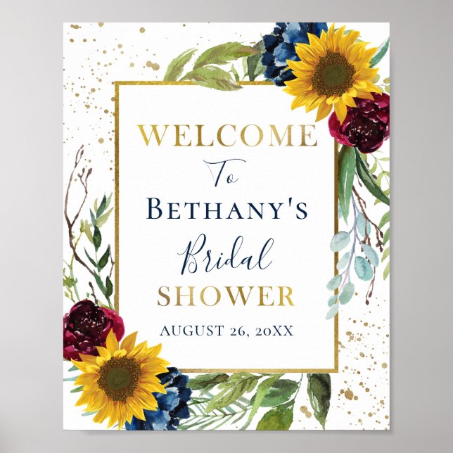 Chic Sunflower Floral Gold Glitter Bridal Shower Poster (Front)
