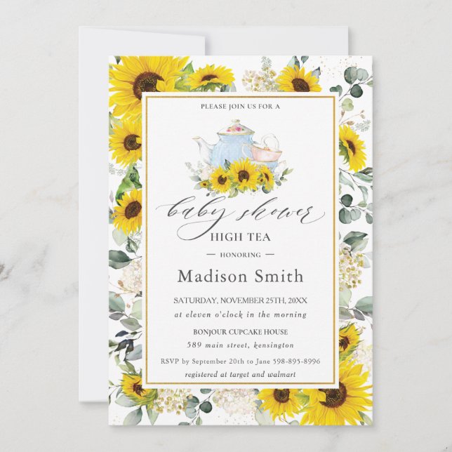 Chic Sunflower Floral High Tea Party Baby Shower  Invitation (Front)