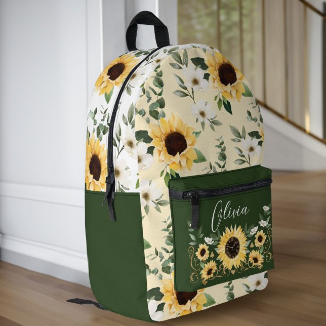Chic Sunflower Floral Pattern Custom Script Name Printed Backpack (Chic Sunflower Floral Pattern Custom Script Name Printed Backpack)