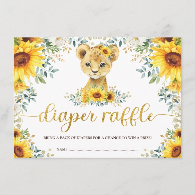 Chic Sunflower Lion Cub Baby Shower Diaper Raffle Enclosure Card (Front)