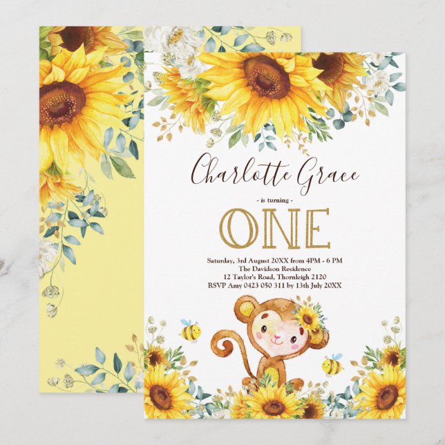 Chic Sunflower Monkey Greenery Gold 1st Birthday Invitation (Front/Back)
