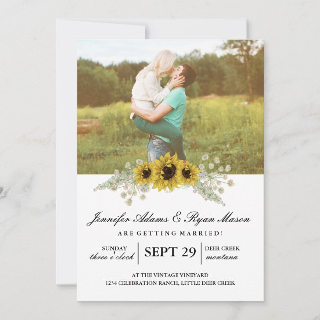 Chic Sunflower Watercolor and Photo Wedding Invitation (Front)