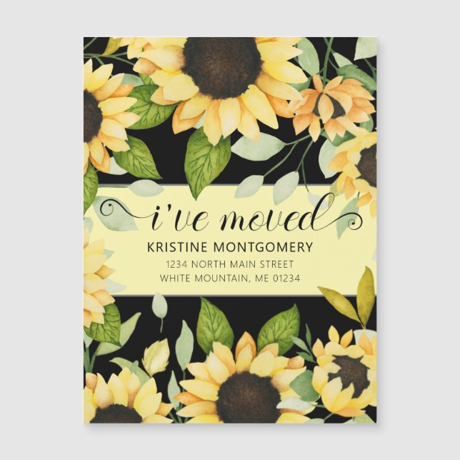 Chic Sunflower Watercolor Floral Black I've Moved (Front)