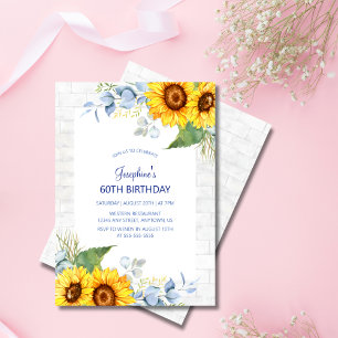 Chic Sunflower White Grey Brick Floral Birthday Invitation
