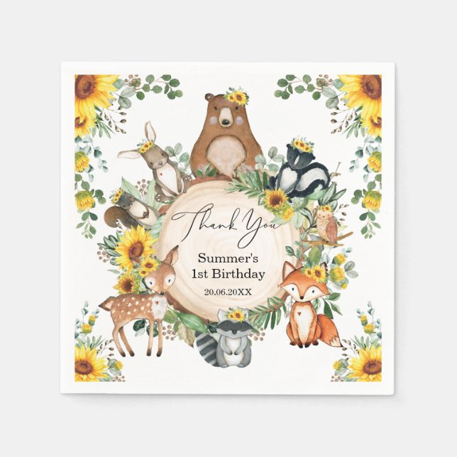 Chic Sunflower Woodland Animals Baby Girl Birthday Napkin (Front)
