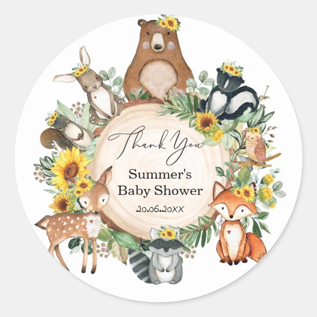 Chic Sunflower Woodland Animals Baby Girl Shower Classic Round Sticker (Front)