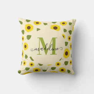 Chic Sunflower Yellow Green Leaf Script Monogram Cushion