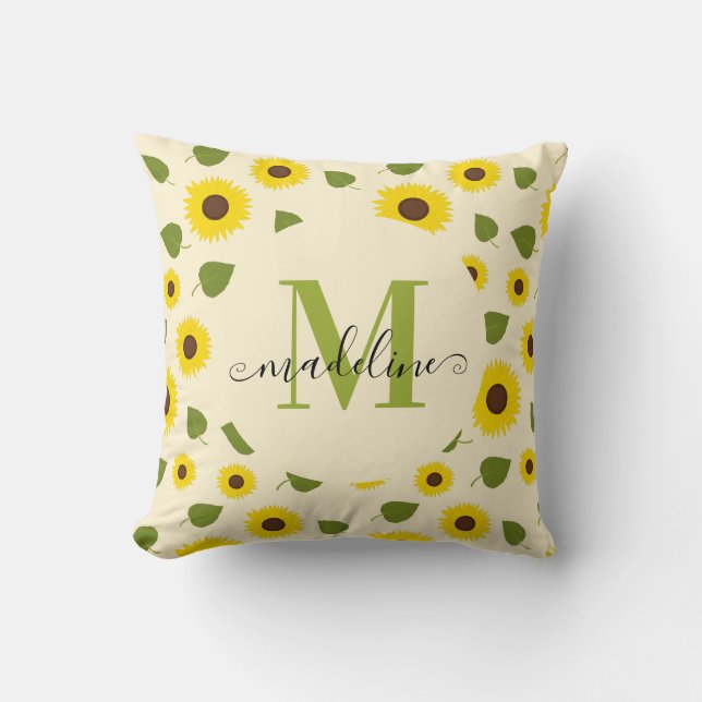 Chic Sunflower Yellow Green Leaf Script Monogram Cushion (Front)