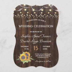 Chic Sunflowers String Lights Old Wood Wedding Invitation
