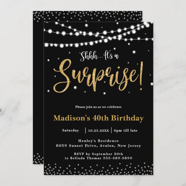 Chic Surprise Birthday Party Any Age Black Gold  Invitation (Front/Back)