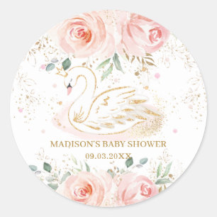Chic Swan Blush Pink Floral Baby Shower Birthday Classic Round Sticker