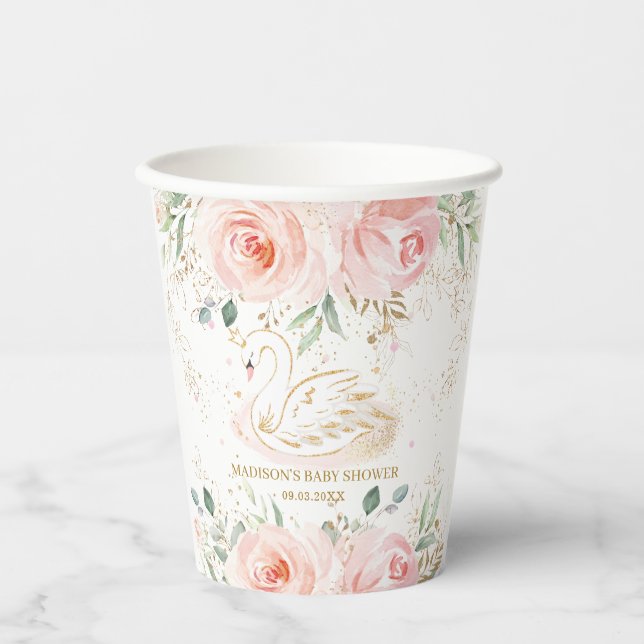 Chic Swan Blush Pink Floral Baby Shower Birthday Paper Cups (Front)