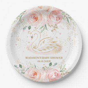 Chic Swan Blush Pink Floral Baby Shower Birthday Paper Plate