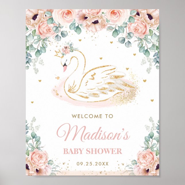 Chic Swan Princess Blush Peach Floral Welcome Poster (Front)