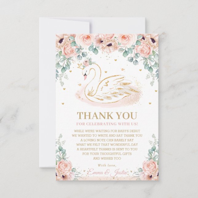 Chic Swan Princess Blush Pink Floral Baby Shower Thank You Card (Front)