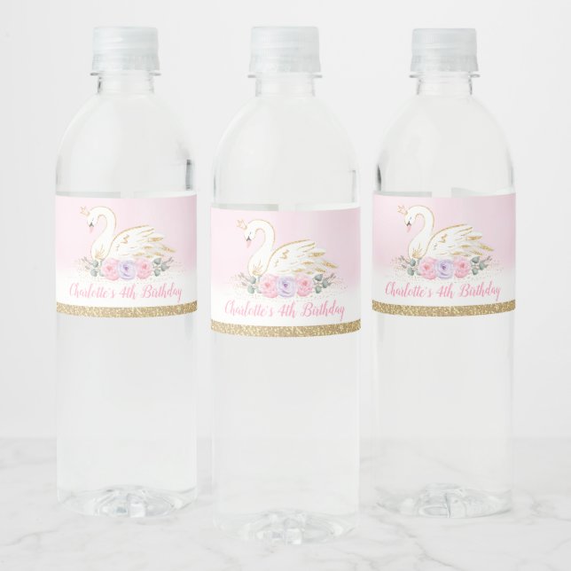 Chic Swan Princess Girls Birthday Party Favours Water Bottle Label (Bottles)