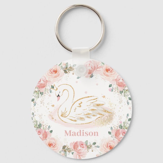 Chic Swan Princess Pastel Blush Floral Gold   Key Ring (Front)