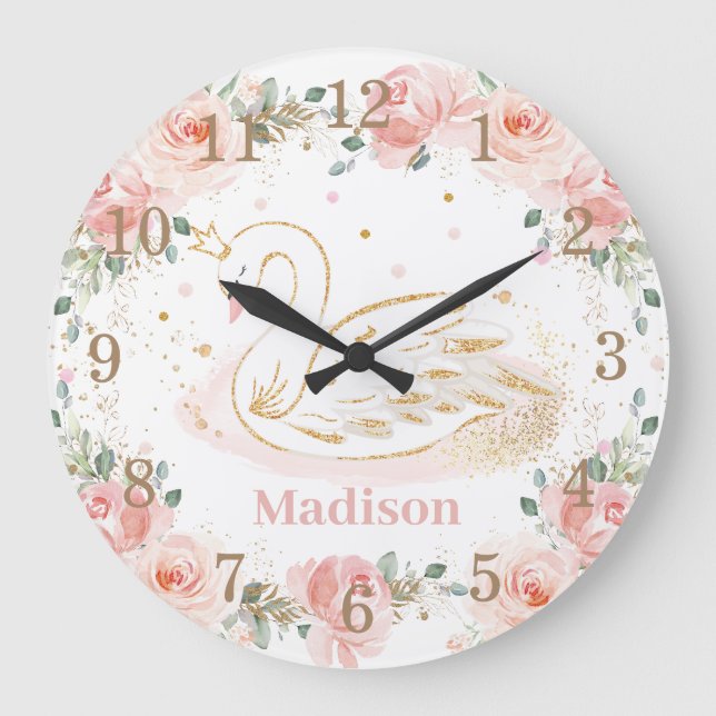 Chic Swan Princess Pastel Blush Floral Gold    Large Clock (Front)