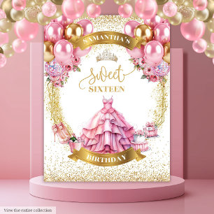 Chic Sweet 16 Banner Pink Gold Balloons Glitter Tapestry