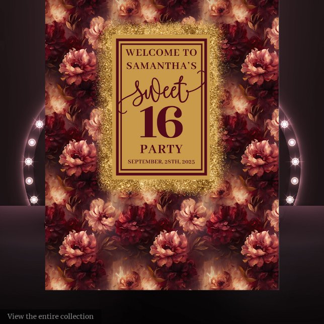Chic Sweet 16 Blush Burgundy Gold Party Banner Tapestry (Chic Sweet 16 Blush Burgundy Gold Party Banner)