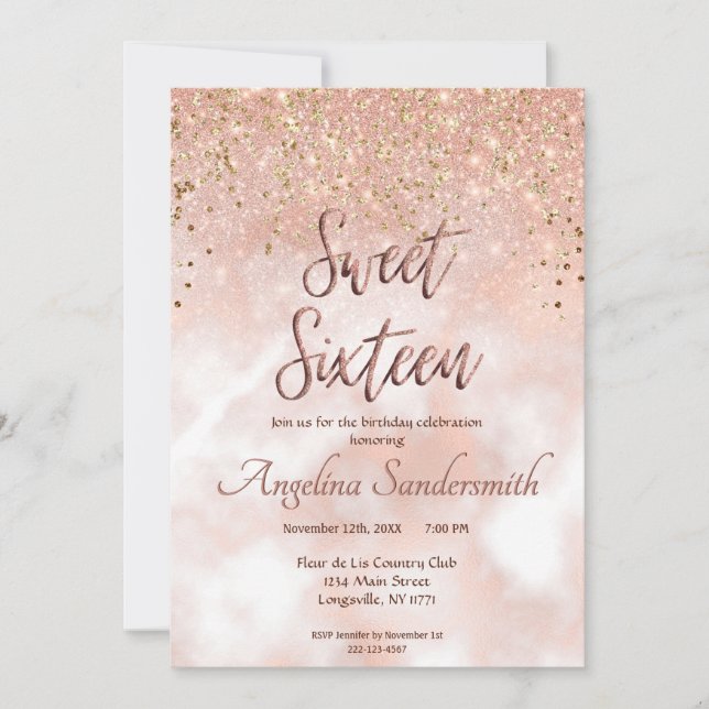 Chic Sweet 16 Blush Pink Rose Gold Glitter Invitation (Front)