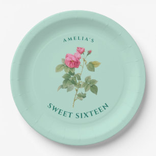 Chic Sweet 16 Mint Green Floral Botanical Paper Plate